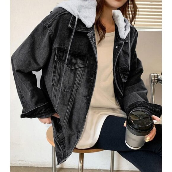 Women's Denim Jacket With Hood Oversized Distressed Jean Jackets Hoodie Black - Picture 3 of 5